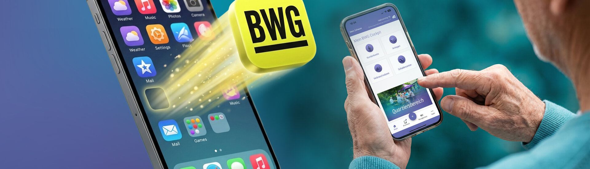 Visualisierung eines aus dem Handy fliegenden BWG-App-Icons und einer Person, die die App benutzt